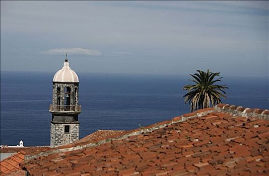 瓦屋顶,教堂塔,大西洋,特内里费岛,西班牙
