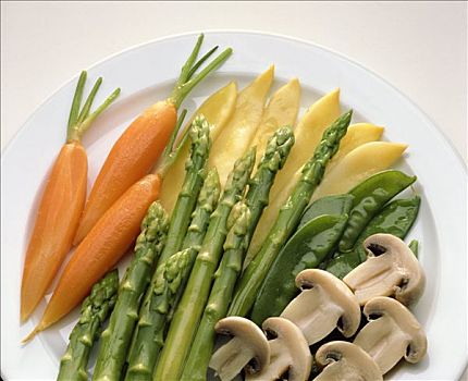 盘子,焯,蔬菜,胡萝卜,芦笋,蘑菇