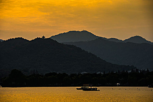 山,西湖,日落,杭州,浙江,中国,亚洲