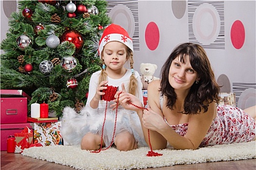 妈妈,女儿,装饰,圣诞树