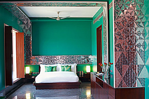 酒店,绿色,房间,双人床