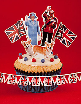 杯形蛋糕,伊丽莎白二世女王,英格兰,菲利普亲王,柯基犬,英国国旗,旗帜