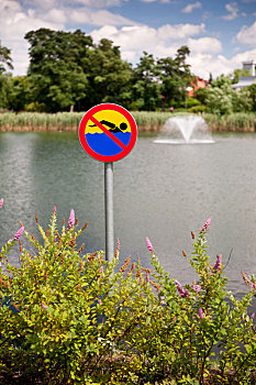 禁止游泳,标识,扎,海岸,植物,游泳,湖,华沙,波兰,无人