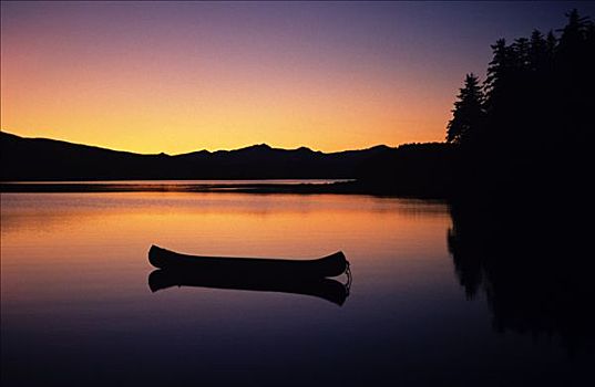 阿拉斯加,独木舟,漂浮,平静,湖,日落