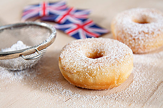 甜甜圈,糖粉,英国国旗,背景