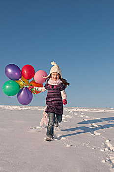 女孩,气球,跑,山,冬天