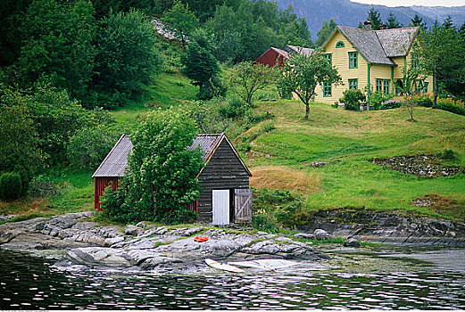 家,小屋,河岸,卑尔根,挪威