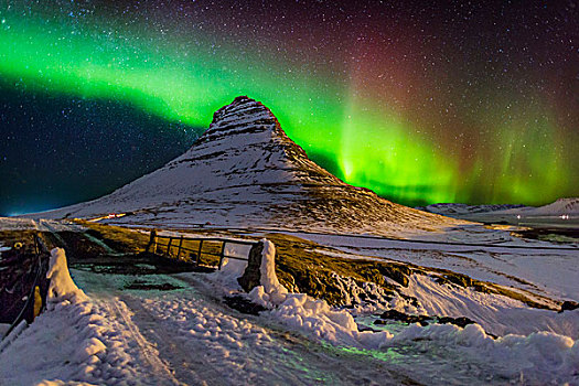 北极光,上方,山,斯奈山半岛,冰岛,摄影,教堂,极光,北方