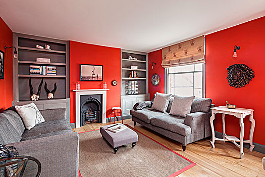 优雅,客厅,红色,墙壁,合适,架子,打开,壁炉