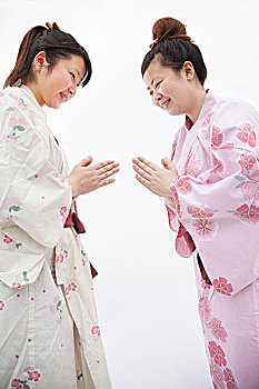 两个,女人,日本,和服,躬曲,棚拍