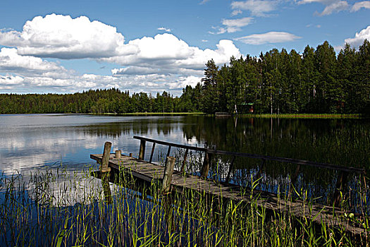 芬兰,区域,南方,湖区,木码头,湖