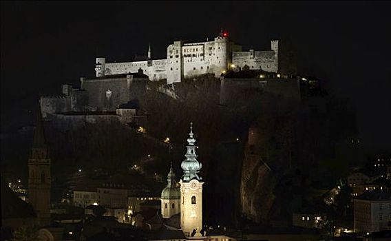 霍亨萨尔斯堡城堡,夜晚,萨尔茨堡,历史,城镇中心,奥地利,欧洲