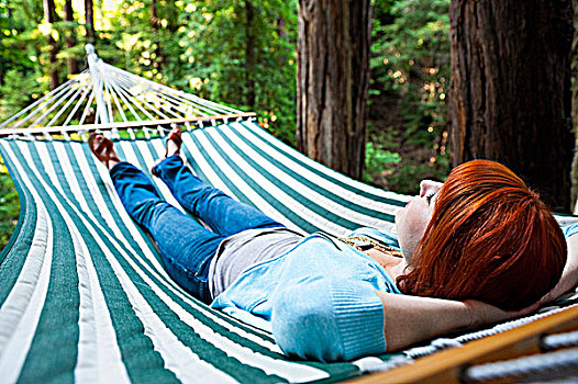 女人,吊床,红杉,加利福尼亚,美国