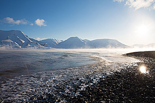 日光,海岸,远景,山,斯瓦尔巴特群岛,挪威