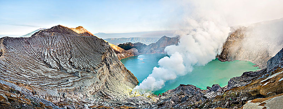 火山,火山囗,火山湖,蒸汽,晨光,东方,爪哇,印度尼西亚,亚洲