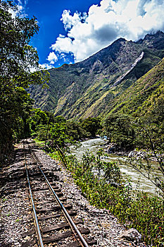 列车,轨道,旁侧,河,景色,旅途,神圣峡谷,印加,安迪斯山脉,秘鲁