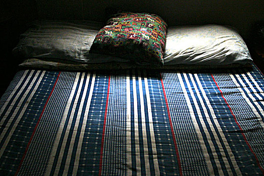 一对,床,蓝色,红色,条纹,羽绒被,白色,枕头,花,垫子,布宜诺斯艾利斯,阿根廷,冬天,2003年