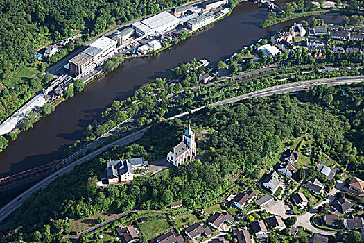 航拍,河,小教堂,莱茵兰普法尔茨州,德国,欧洲