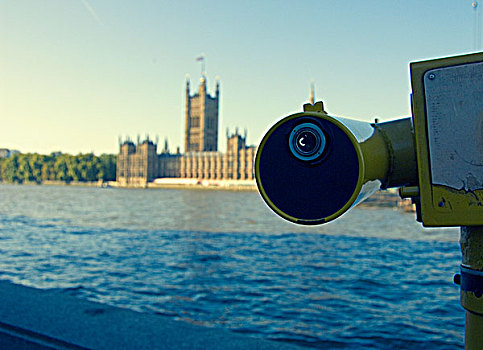 英格兰,伦敦,伦敦南岸,游客,投币设备,望远镜,南方,堤岸,泰晤士河,相对,议会大厦
