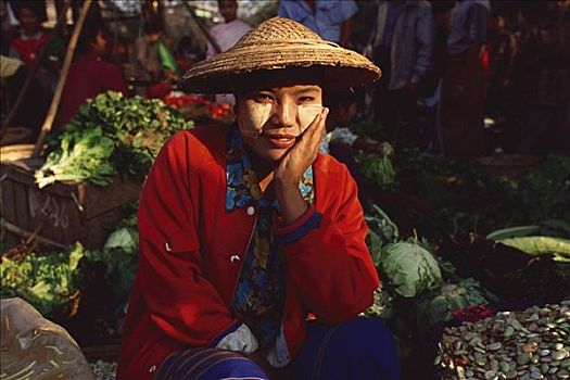 缅甸,卖蔬菜,人,早晨,市场