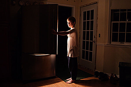 年轻,男孩,看,暗色,亮光,电冰箱,他,堪萨斯城,密苏里,美国