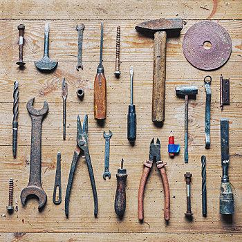 老,脏,旧式,修理,工具,木质背景