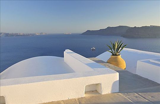 屋顶,平台,黄色,粘土,花瓶,蓝色海洋,锡拉岛,基克拉迪群岛,希腊,欧洲