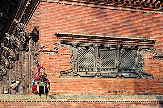 尼泊尔,加德满都,杜巴广场,女人,正面,红砖,建筑