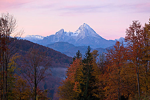 黎明,上方,瓦茨曼山,萨尔札赫河谷,萨尔茨堡,奥地利,欧洲
