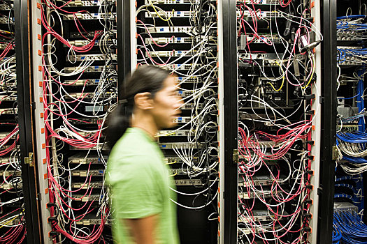 亚裔美国人,男性,技术人员,工作,猫,线缆,大,计算机服务器,房间