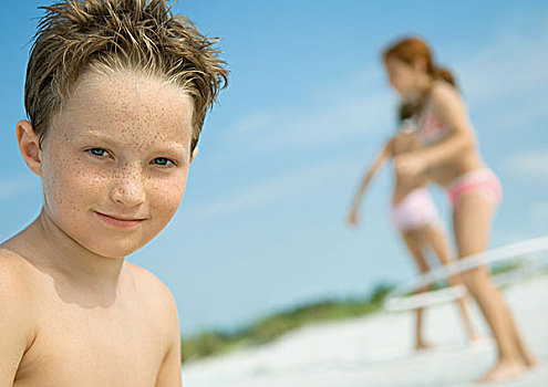 男孩,微笑,孩子,玩,背景,海滩
