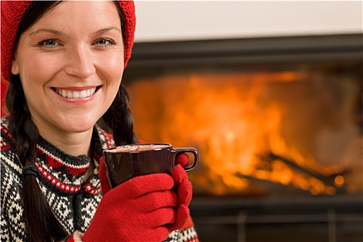 壁炉,冬天,圣诞节,女人,喝,家