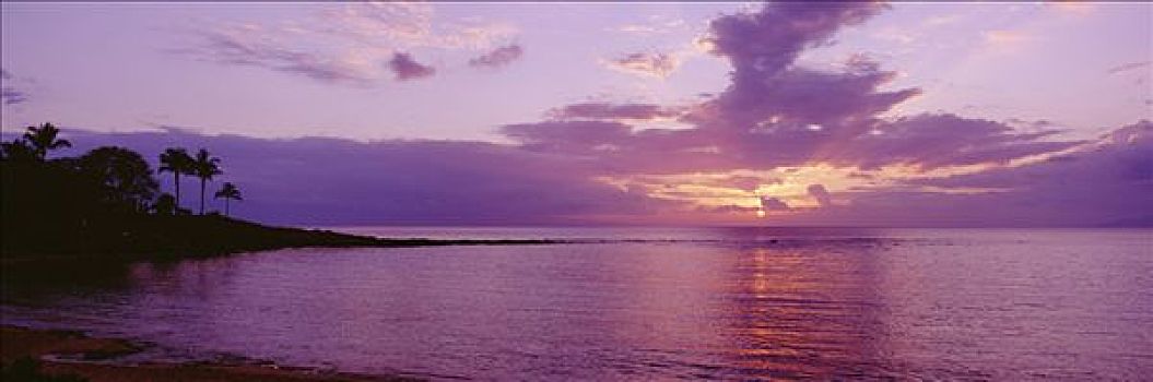 夏威夷,毛伊岛,卡帕鲁亚湾,海滩,紫色,日落,上方,海洋