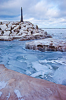 冰流,围绕,石头,防波堤,靠近,岸边,伊利湖,俄亥俄,美国