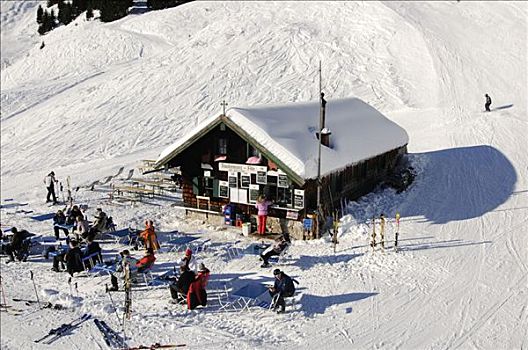 山区木屋,滑雪道,靠近,空中缆椅,山,巴伐利亚阿尔卑斯山,巴伐利亚,德国,欧洲