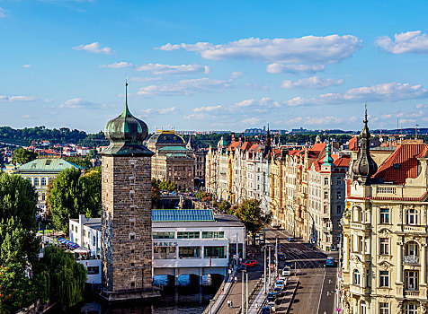 水塔,街道,俯视图,新城,布拉格,波希米亚,捷克共和国,欧洲