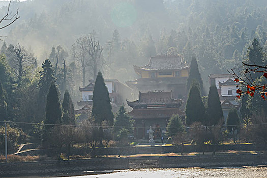 树,蓝,背景,池塘,倒影,烟,枯枝,寺庙,太阳,阳光,水,岸,淤泥,泥潭,村庄,山岗