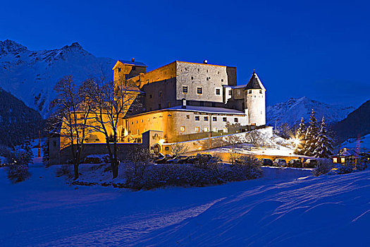 奥地利,提洛尔,城堡,冬天,晚间