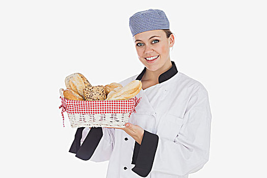 年轻,女人,头像,厨师,制服,面包筐,白色背景