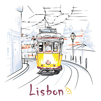 黄色,有轨电车,阿尔法马区,里斯本,葡萄牙