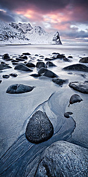 挪威,罗弗敦群岛,海岸,石头,海浪,冬天