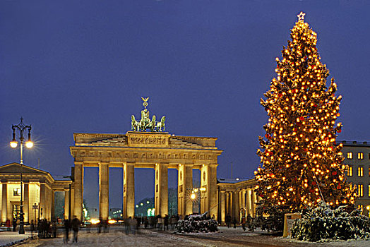 勃兰登堡,大门,降临节,季节,雪,圣诞节,树,柏林,德国,欧洲
