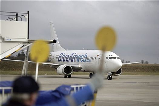 波音737,飞机,罗马尼亚,蓝色,空气,围裙,机场,莱茵兰普法尔茨州,德国