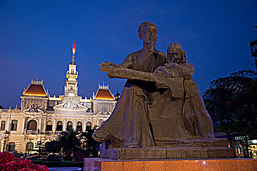 越南,胡志明市,胡志明,雕塑,市政厅