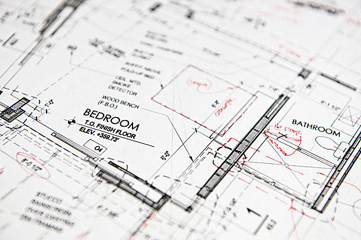 特写,蓝图,建筑师,红色,笔,调整,卧室,浴室,新家