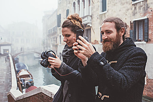 情侣,摄影,模糊,运河,水岸,威尼斯,意大利