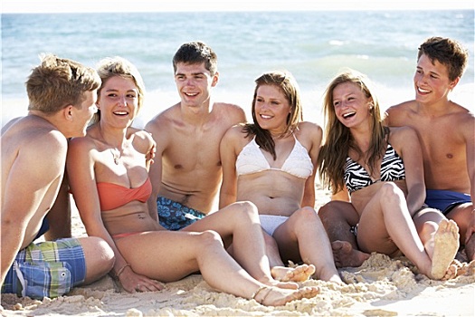 群体,青少年,朋友,享受,海滩度假,一起