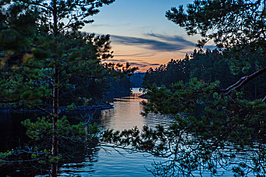 落日,湖,耶尔塔兰德,瑞典