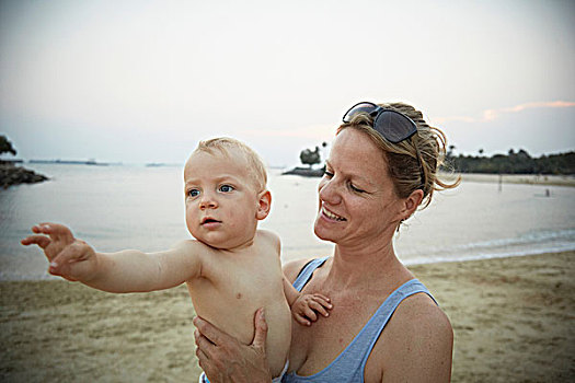 头像,母亲,婴儿,男孩,海滩,新加坡