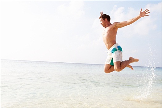 男人,跳跃,空中,热带沙滩